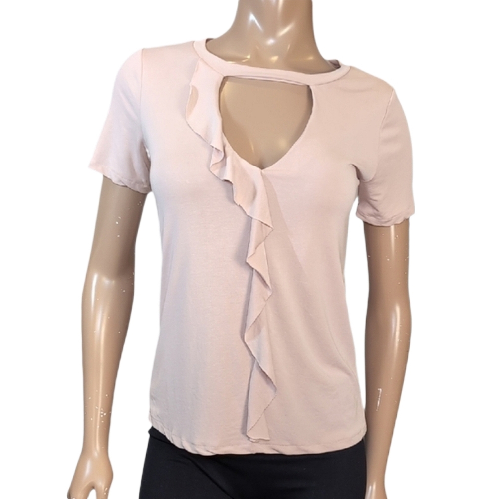 Dynamite Pink Ruffle Top Short Sleeve Cut Out Blush Tshirt Womens XS